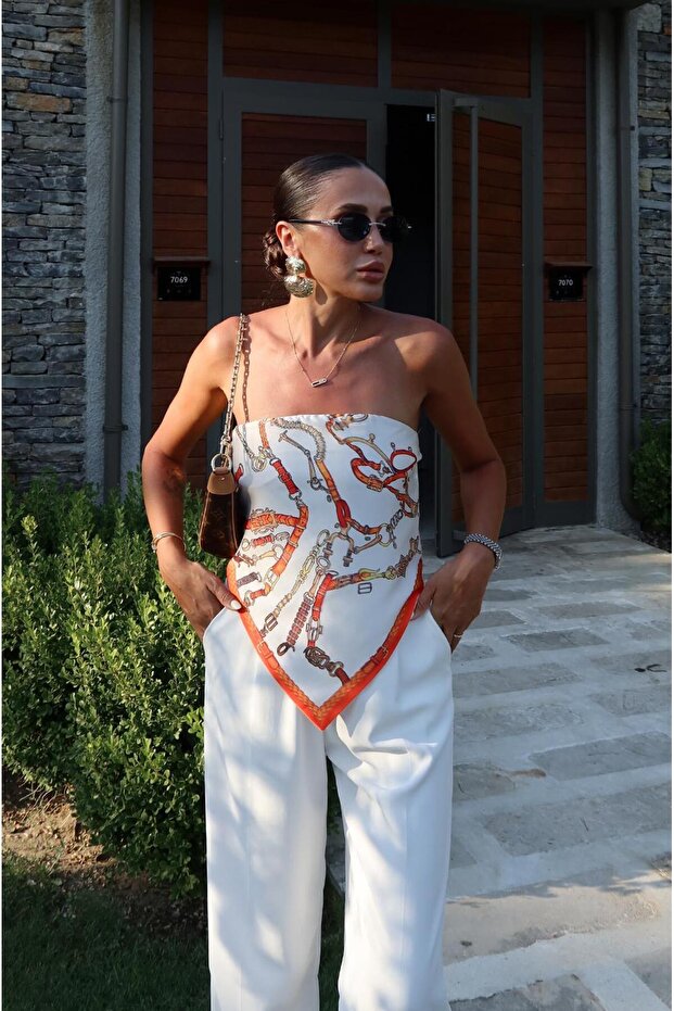 White Shawl Patterned Tie Back Blouse - 3