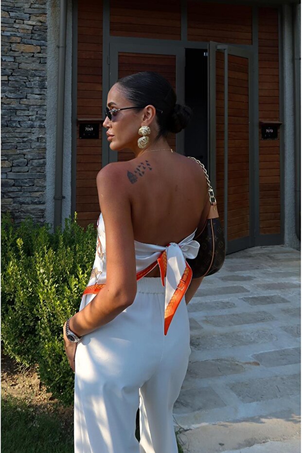 White Shawl Patterned Tie Back Blouse - 2