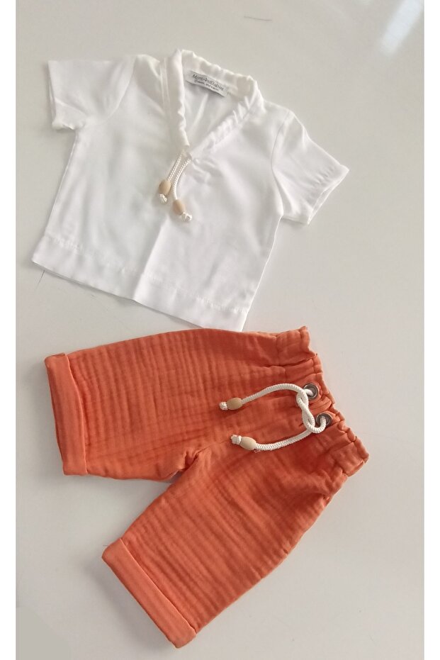 Çocuk Müslin Şort Tişörtlü Şort Yeşil - Turuncu - Tarçın Renkler Takım 0-6 Yaş - 2