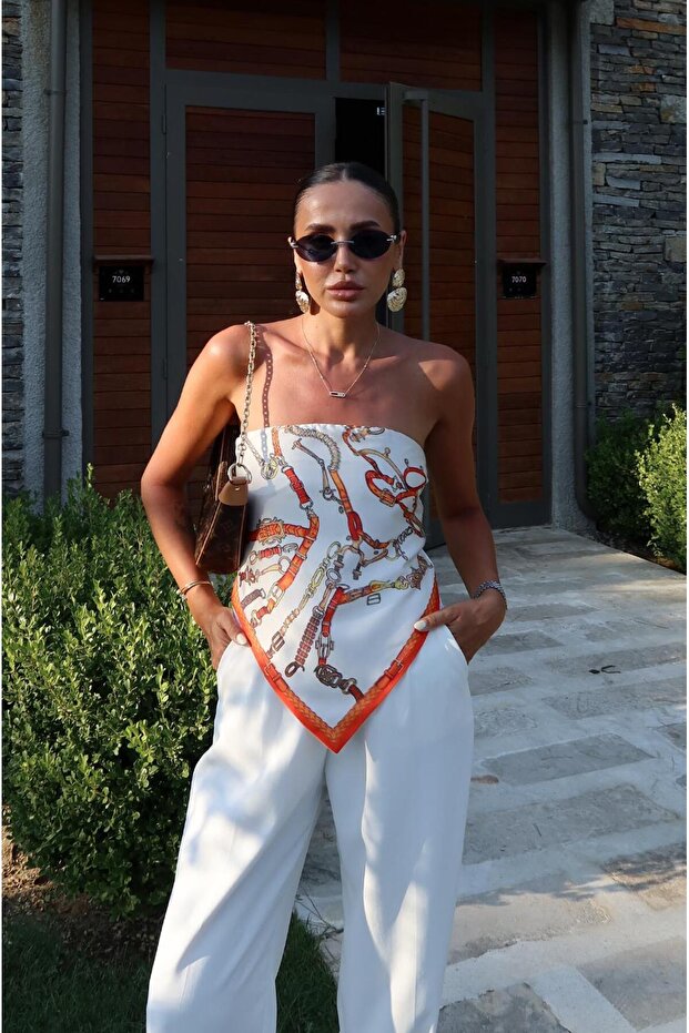 White Shawl Patterned Tie Back Blouse - 1