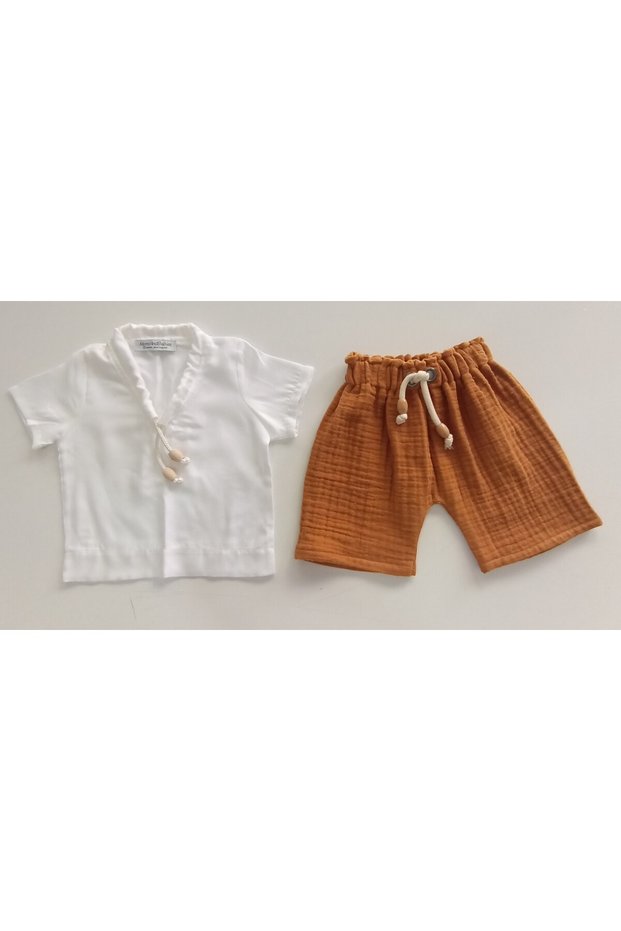 Children's Muslin Shorts T-Shirt Shorts Set Green - Orange - Cinnamon Colors 0-6 Years