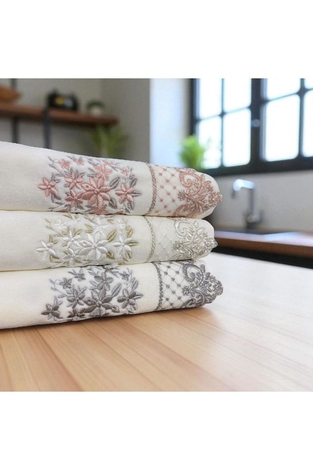 3 Pieces Velvet French Guipure Embroidered 50X90 Towel Dowry Towel