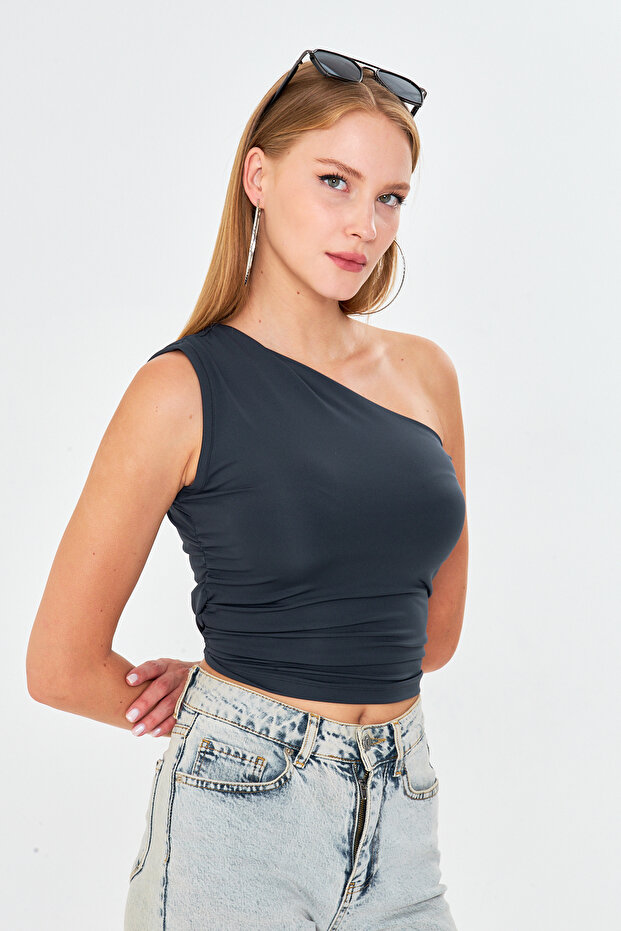 One Shoulder Side Tie Detail Basic Bluz - 3