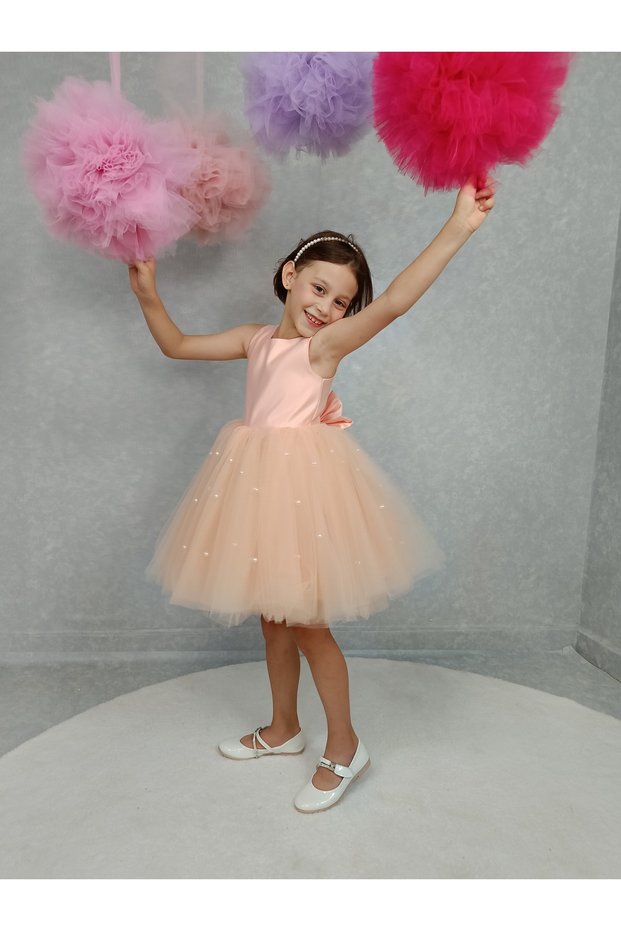 Girl's Evening Dress Island, Salmon Skirt with Pearls, Tutu Dress