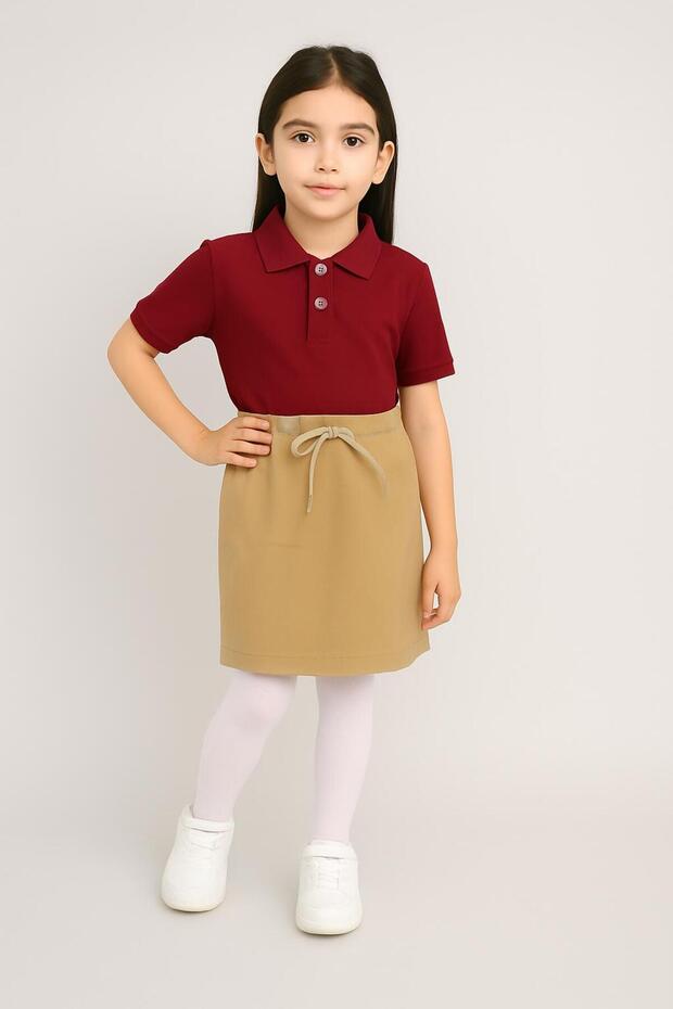 Beige Ribbon Shorts Skirt Bordo Short Sleeve Polo Collar