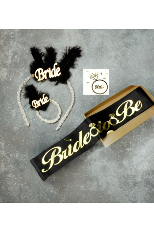 Bride to Be Pearl Crown Sash Set Black Gold