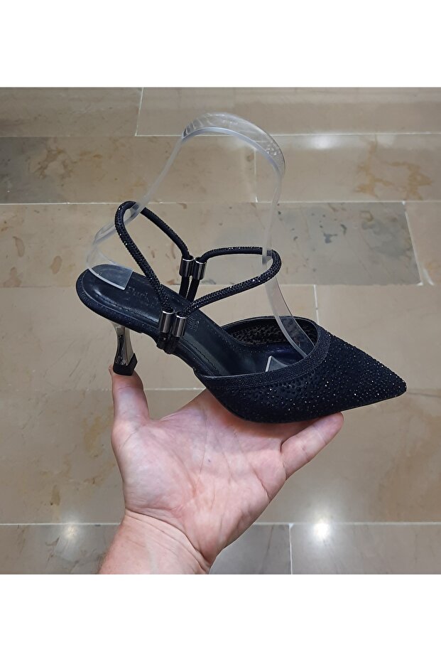 Women's 7 cm Thin Galvanized Heel, Soft Tulle Top with Stones Black-Silver Open Back Pointed Evening Dress Shoes