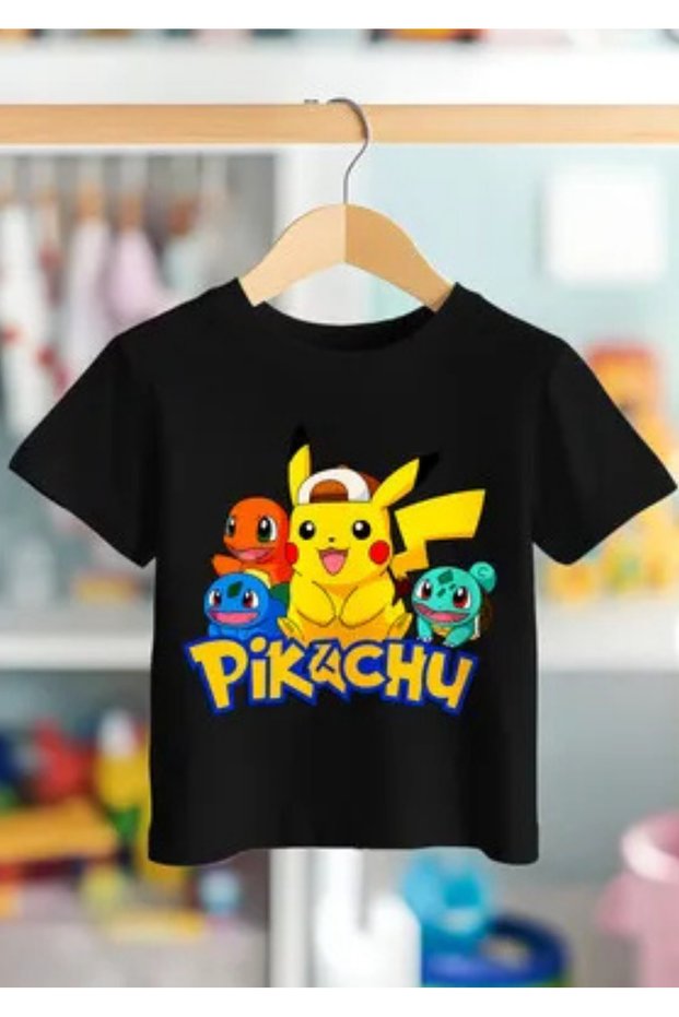 Pi̇kachu and All Characters Kids T-Shirt Black Unisex