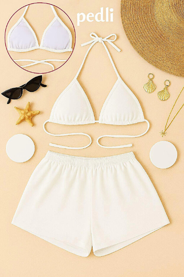Women's White Shorts Waist and Neck Tie Bikini Set