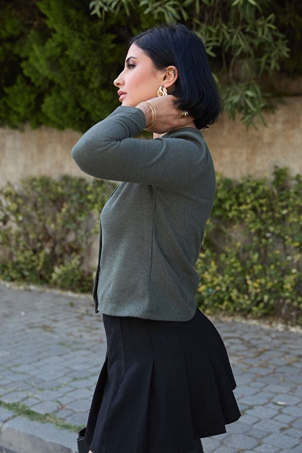 Basic Düğmeli Haki Waffle Hırka - 5