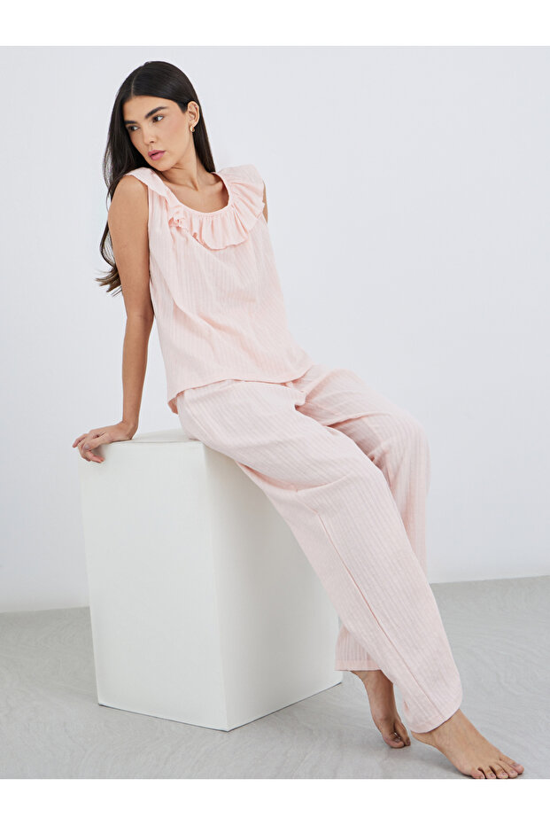 Textured Cotton Ruffle Neck Top and Pyjama Set