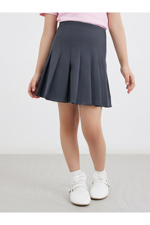 Girls Grey Pleated Skirt with Elastic Waist