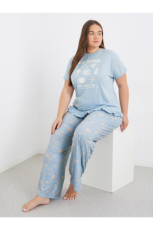 Plus Beach Graphics Ruffle Hem T-Shirt and Pyjama Set