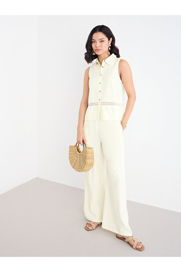 Cream Linen Look Top and Wide Leg Pants Co-Ords