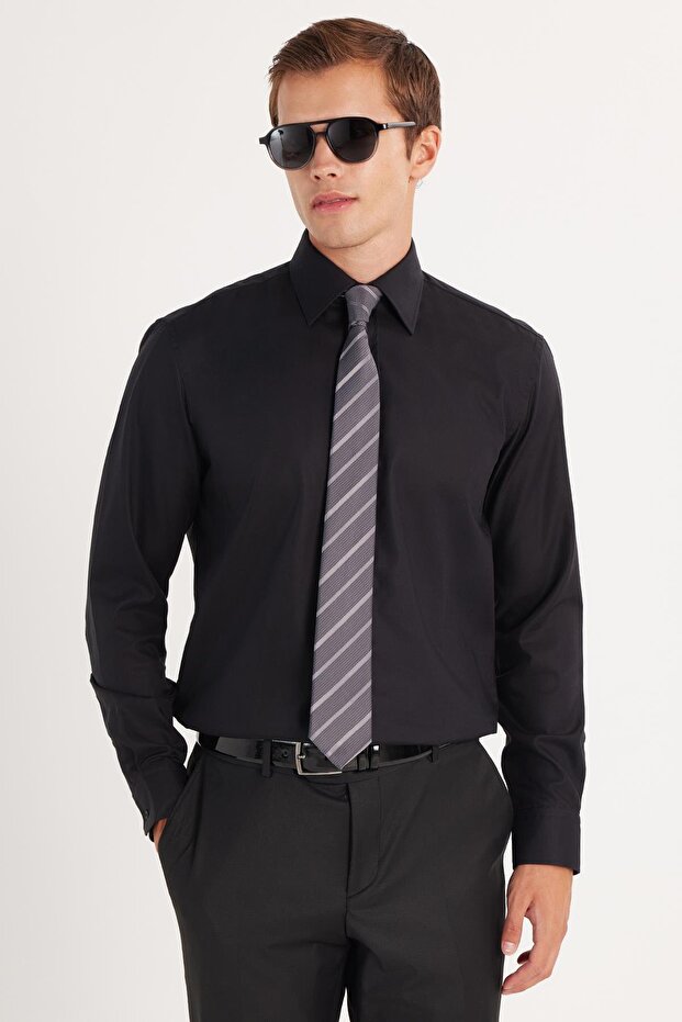 Men's Regular Fit White Non-Iron 100% Cotton Eco-Friendly Ecotex Certified Black Shirt