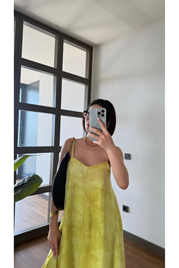 Premium Askılı Sarı Elbise - 4