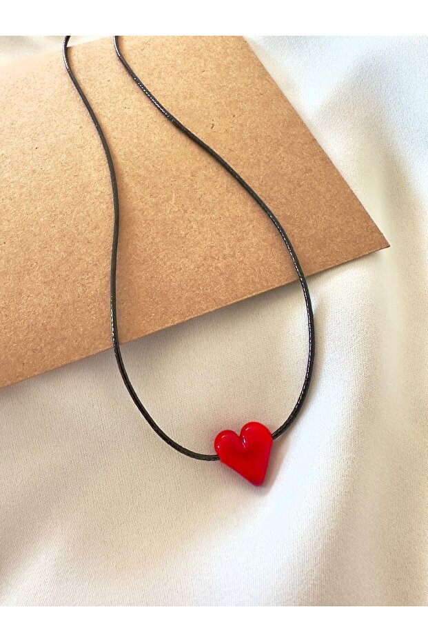 Red Glass Murano Heart Black Leather Necklace