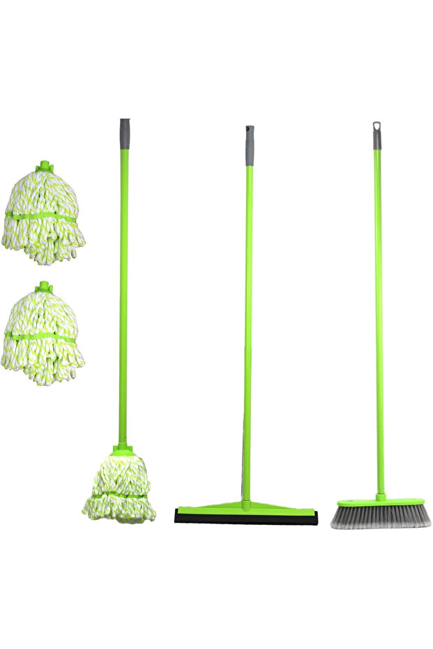 Clean & Care Home Cleaning Set Broom Wiper Squeegee Cotton Mop with Iron Stick and Two Refill