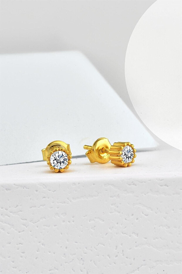 Gümüş 925 Ayar Tek Taş Gold Renkli Çivi Küpe - 1