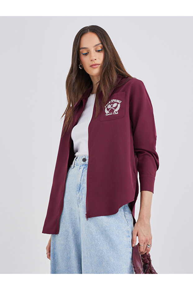 Burgundy Printed Chest Pocket Zipped Oversized Shirt