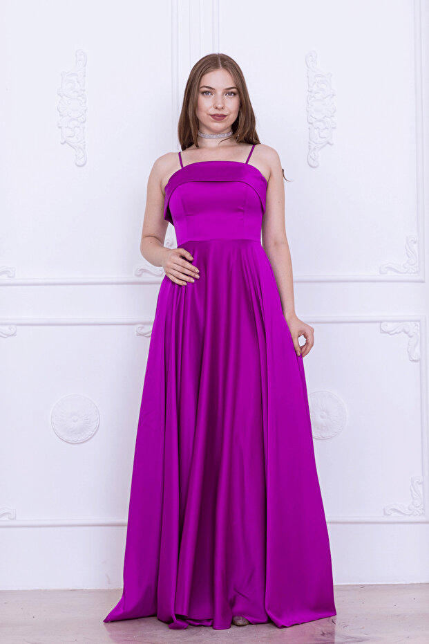 Satin Fabric Strap Evening Dress - Fuchia