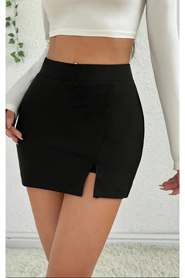 Likralı tek yırtmaçlı şort etek - 4