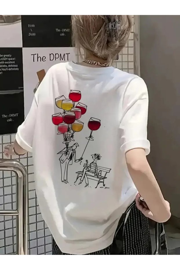 Cartoon Goblet Cocktail New Season Modern Design Custom Printed Unisex Oversize Crew Neck T-Shirt