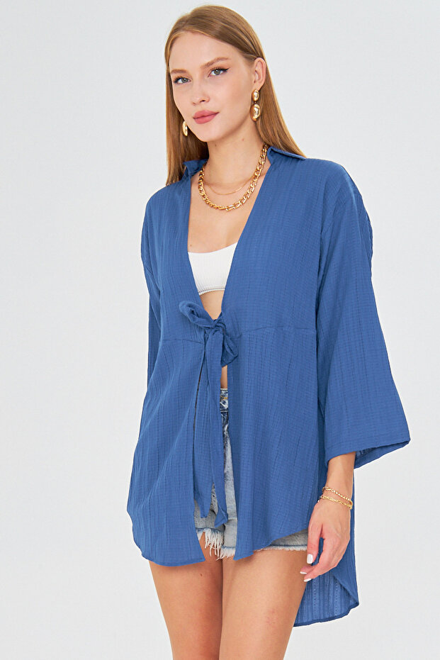 Women's Dark Blue Self Striped Front Tie Kimono Shirt Arm-24Y001101
