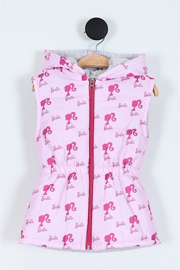 Powder Pink Printed Waist Elasticated Hooded Girl's down Vest