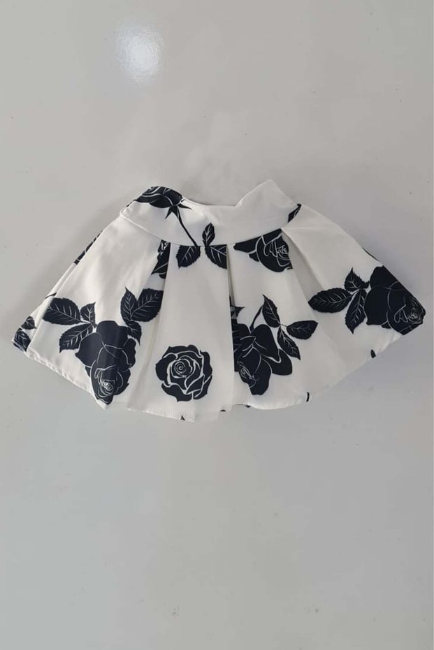 Girl's Puffy White Skirt with Cuffs on the Waist and Side Zipper with Rose Print on Top