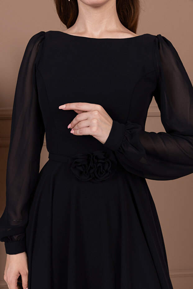 Sifon Kumaş Çiçek Detaylı Midi Elbise - SİYAH - 3