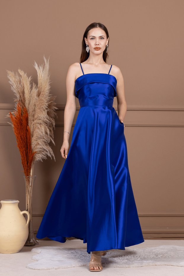 Taffeta Satin Strap Long Evening Dress - Cobalt Blue
