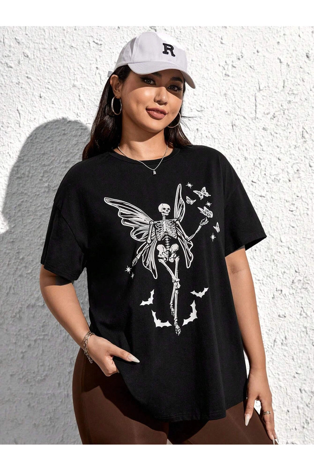 KADIN İSKELET BASKILI TSHİRT - 1