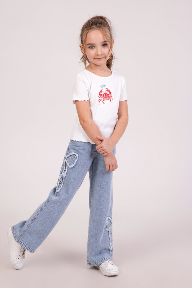 Premium Bow Embroidered Children's Denim Trousers