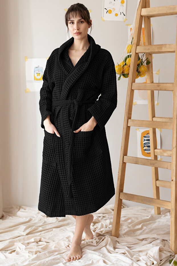 100% Cotton Waffle Unisex Bathrobe with Hood, High Absorbency and Quick Dry Features