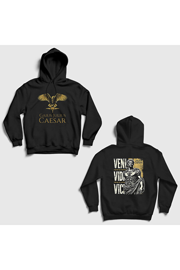 Unisex Black Veni Vidi Vici Julius Caesar Back Printed Hooded Sweatshirt 563460Tt