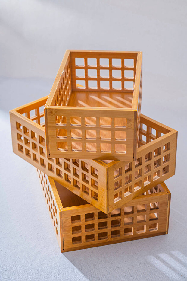 صندوق منظم مستطيل من الخيزران مكون من 3 قطع - 2