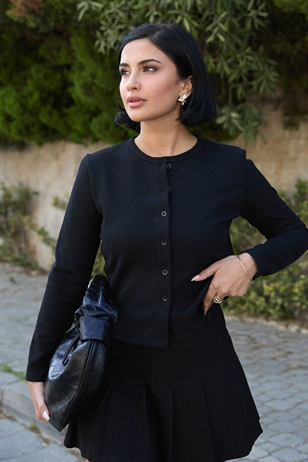 Basic Düğmeli Siyah Waffle Hırka - 3