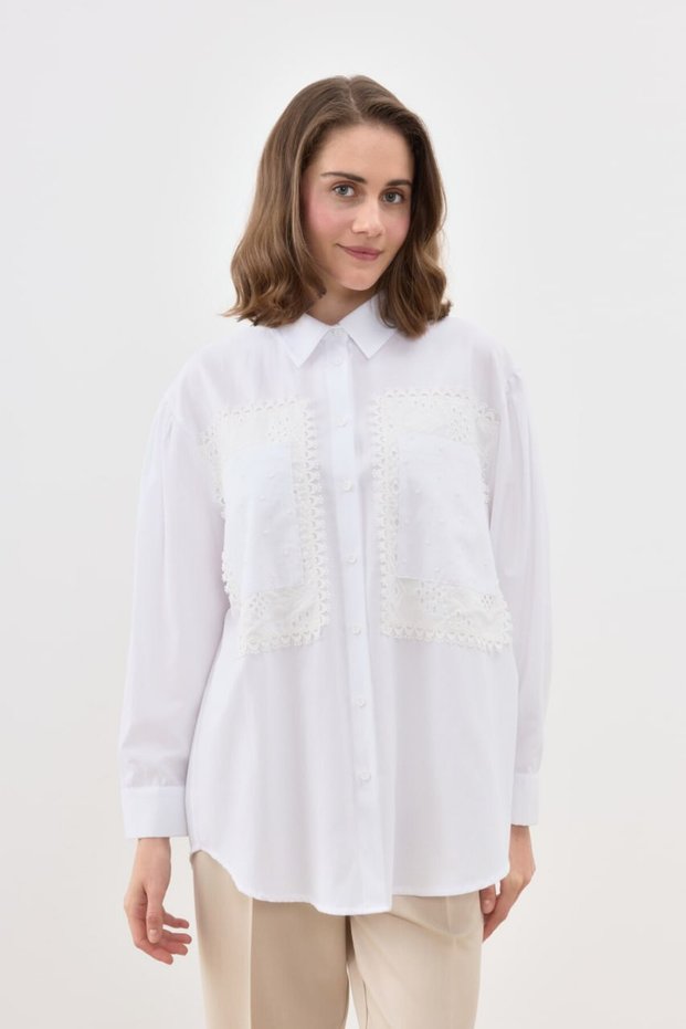 Women's White Oversize Pocket Brode Detailed Cotton Shirt