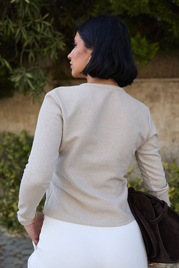 Basic Düğmeli Bej Waffle Hırka - 4