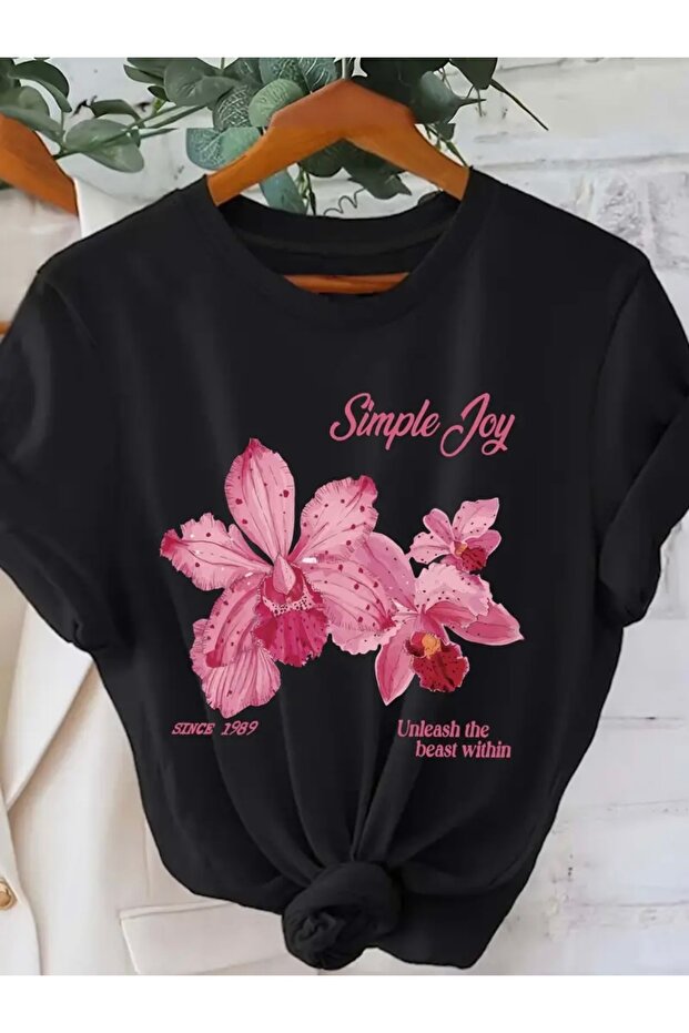 Simple Joy Flower Printed Oversize Crew Neck T-Shirt