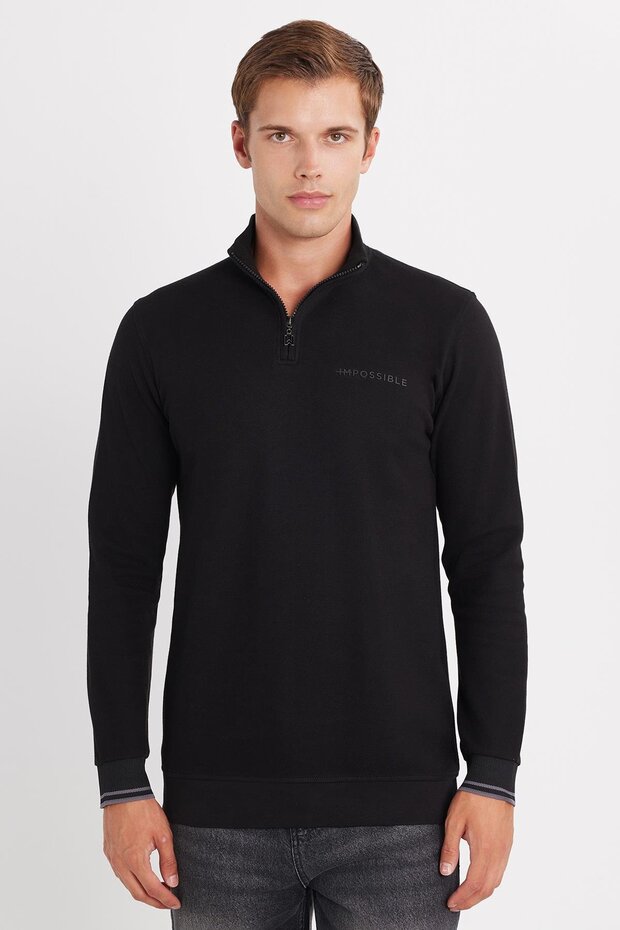 Men's Slim Fit Slim Fit Cotton Half Zipper Stand Collar Black Sweatshirt