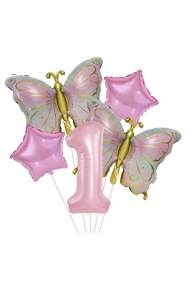 Gold Butterfly Pink 1 Year Old Number Balloon Set