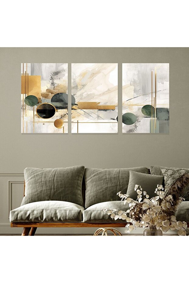 Three abstract canvas panels with a hollow silver frame