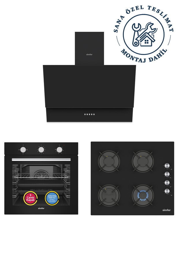 ✨3'lü Ankastre Set - 4 Fonksiyon Ankastre Fırın + Siyah Cam Ocak + Push Button Siyah Cam Davlumbaz - 1