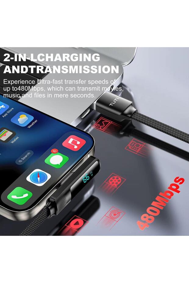 66W Hızlı Şarj Kablosu – LED Ekranlı Type-C To USB Data Vertical Yatay Kablo 130cm - 4