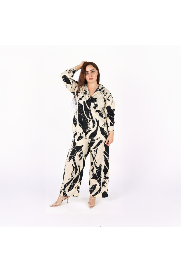 Ladies Co-ord Pant Set- Printed Shirt and Pant with Long Sleeves.