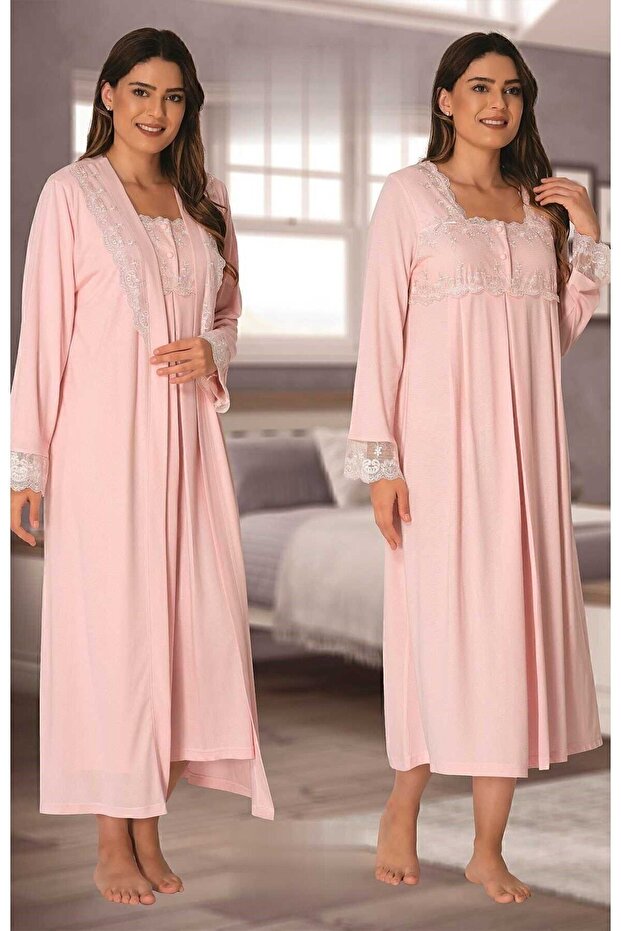 Pink Robe Cotton Maternity Nursing Nightgown Set