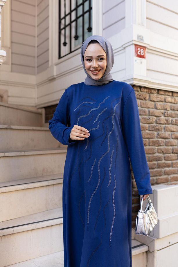 Kadın Taş İşlemeli Rahat Kalıp Mavi Elbise - 5