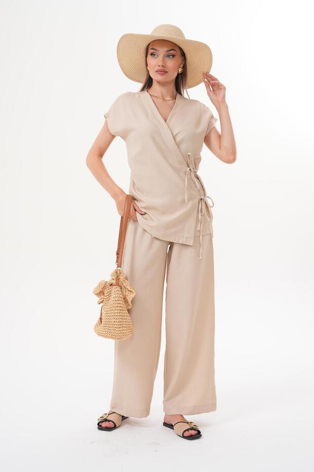 Women's Side Tie Detailed Sofia Linen Set 260106 - 260411